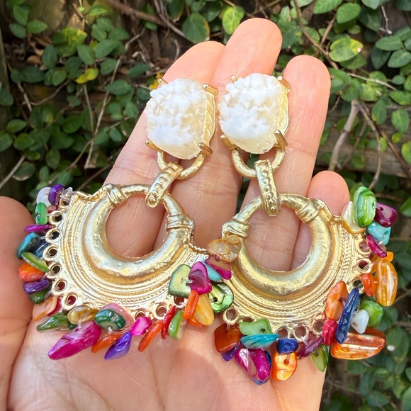 Colorful Gemstone Hoop Earrings - Picture 3 of 3